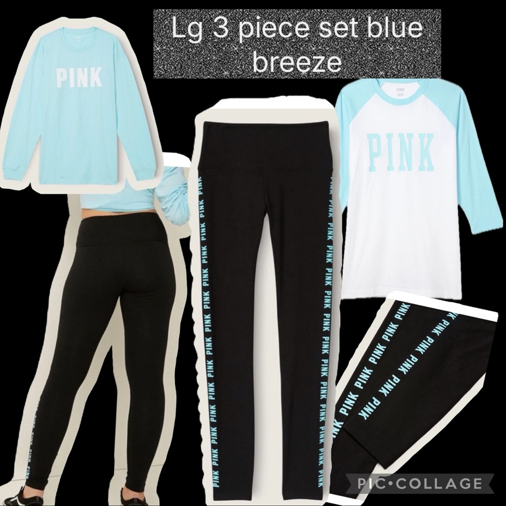 PINK VS HIGH WAIST LEGGINGS CAMPUS LONG SLEEVE TEE FOOTBALL TEE BLUE BREEZE